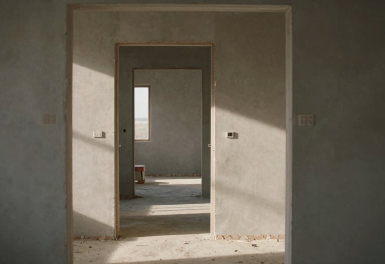 A cinematic shot through a doorway of an unfinished set, showing the interaction of light and shadow on raw construction materials. The style is professional and artistic, highlighting the architecture of a film production in progress.
