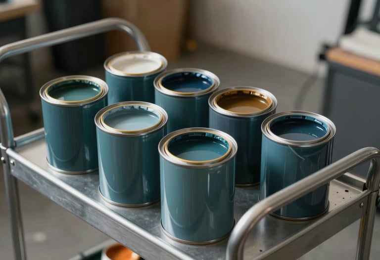 An artistic shot of paint cans and brushes arranged neatly on a silver metal cart in a North American film studio. The color of the paint is a deep, muted teal, reflecting the artistic brand palette.