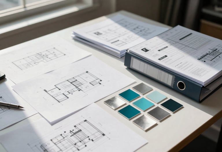 A high-contrast photograph of a set designer's desk in a North American studio, covered in architectural drawings, small paint swatches in teal and silver, and technical management binders. Natural light spills across the surface from a nearby window.