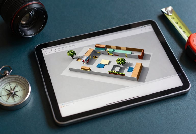 A professional photograph of an art director's kit, featuring a digital tablet showing a 3D set model, a compass, and metal measuring tapes on a dark teal surface. The lighting is crisp and professional.