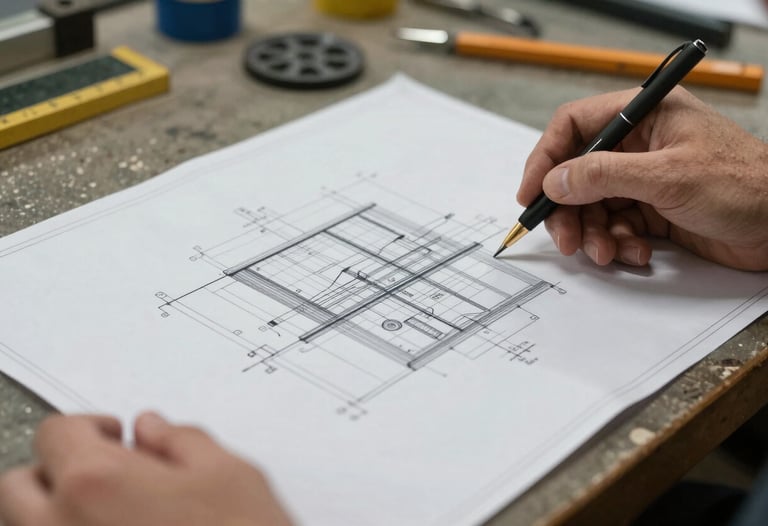 A close-up photograph of a technical set blueprint being held by hands in a North American workshop. The focus is on the precision of the lines and the tactile nature of the paper.