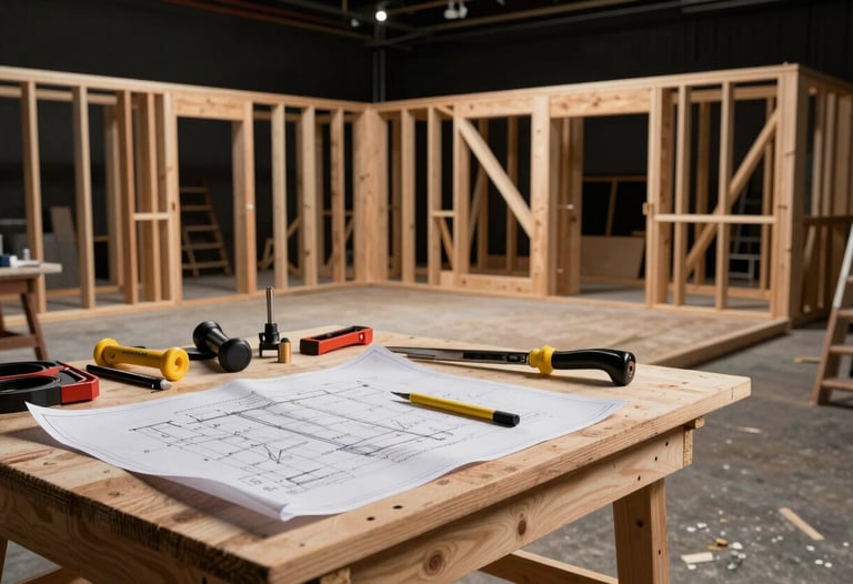 A professional wide shot of a partially constructed wooden set on a studio floor. Construction tools and blueprints are visible on a workbench in the foreground. The lighting is focused and artistic, emphasizing the craft of North American set building.