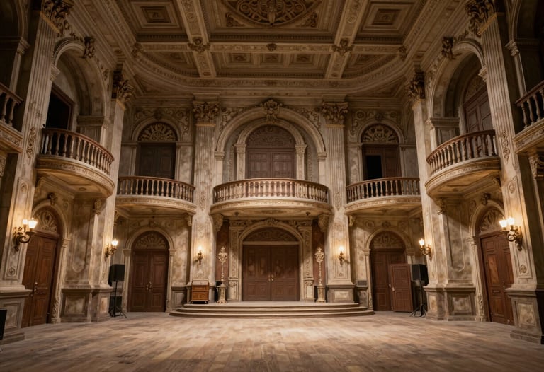 A large-scale production still showing a finished, highly detailed period interior set. The lighting is warm and cinematic, showcasing complex scenic aging and intricate architectural details on the walls and ceiling.