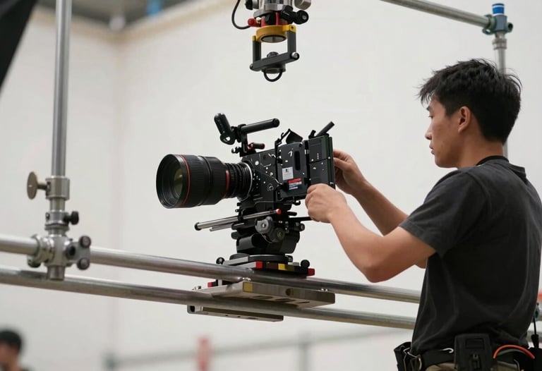 A professional photography shot of a film crew member working on the high-angle rigging of a set structure. The composition emphasizes the scale and engineering of North American television production.