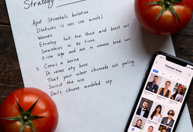 A flat lay photography shot of a strategy planning session: a crisp parchment paper with handwritten notes, a deep ripe crimson tomato, and a modern smartphone showing a social media feed.