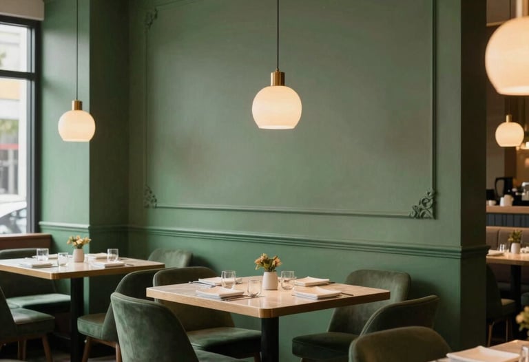 An elegant restaurant interior in North America, showing a clean design with matte forest green accents and warm lighting, captured during a professional photo shoot.