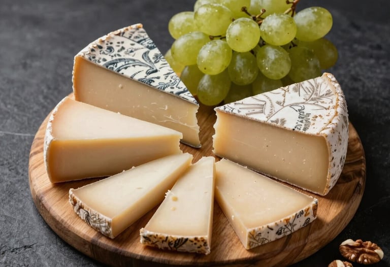 A professional high-angle shot of an artisanal cheese board with grapes and nuts, set on a dark textured background for a sophisticated look.