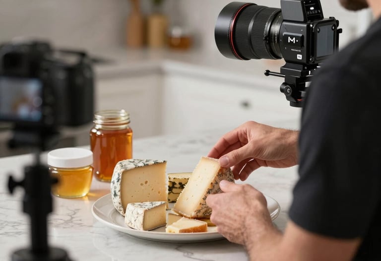 A behind-the-scenes shot of a content creator in a bright North American kitchen studio, meticulously arranging a plate of local cheeses and artisanal honey for a professional photo shoot.