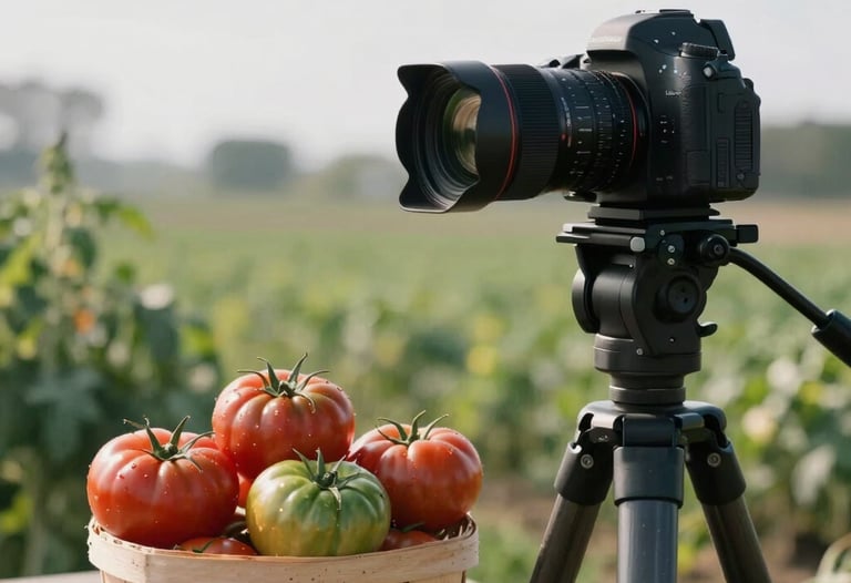 A professional photo shoot in progress at a local farm in North America, featuring a camera on a tripod pointed at a basket of colorful heirloom tomatoes in the morning light.