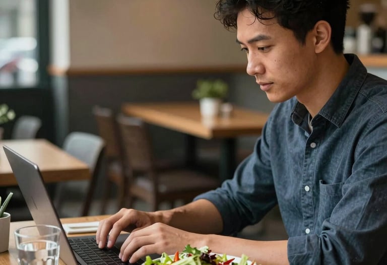 A content strategist at work in a North American cafe, typing on a laptop with a bowl of fresh organic salad and a glass of water nearby.