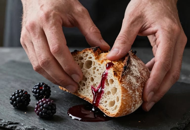 Close-up of a person's hands holding a piece of artisanal crusty bread over a slate board, with dark ripe crimson juice from fresh berries drizzled nearby.