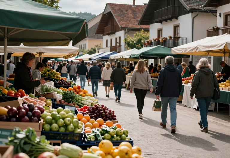 A wide shot of a bustling local farmers market in a European village square, captured with high-contrast, professional photography to highlight the vibrant colors of fresh produce.