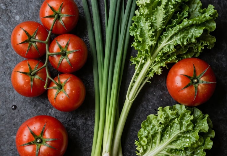 Top-down photography of a chef's workstation with various fresh, colorful ingredients like ripe tomatoes and vibrant greens on a dark matte surface.