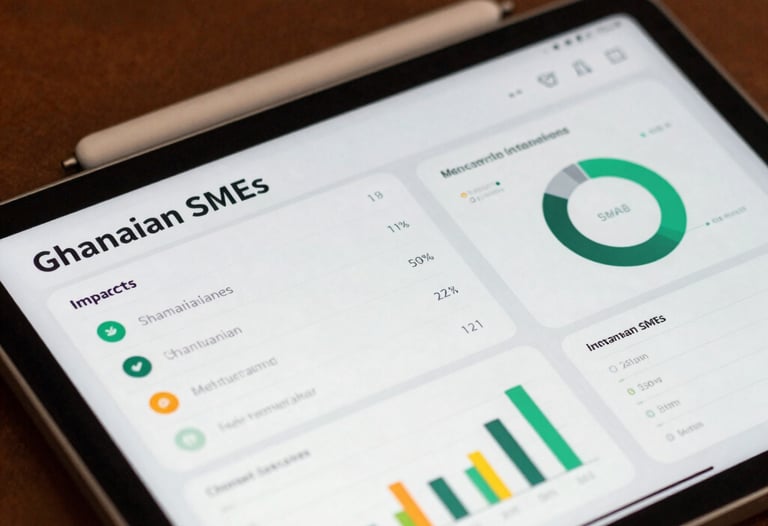 A close-up detail of a modern data dashboard showing impact metrics for Ghanaian SMEs, displayed on a tablet screen in a setting with warm Earth Brown accents.
