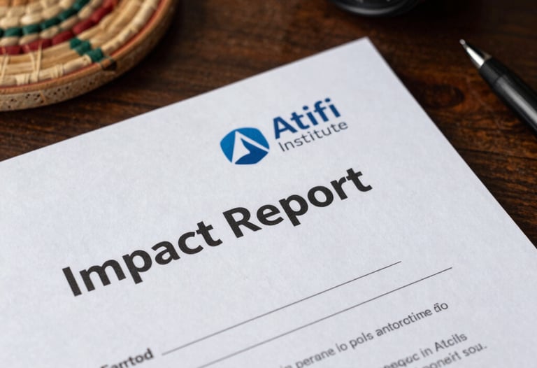 A close-up of a high-quality Impact Report document with the Atifi Institute logo, placed on a dark wood desk with a West African woven coaster and a pen. Soft side lighting.
