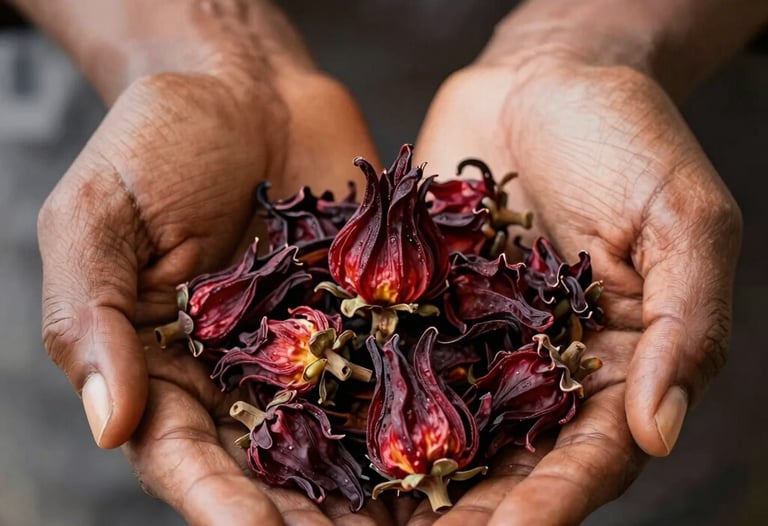 A close-up photograph of dried Hibiscus sabdariffa calyces held in a pair of artisan's hands in a West African setting. The composition is clean and focused, highlighting the rich crimson texture of the herbs. Natural lighting.