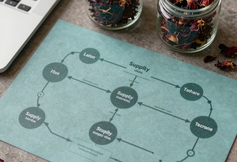 A professional flat-lay photograph of a tech-enabled supply chain map next to a laptop and a glass jar of dried hibiscus. The aesthetic is modern, sophisticated, and earthy with Muted Teal and Earth Brown tones.