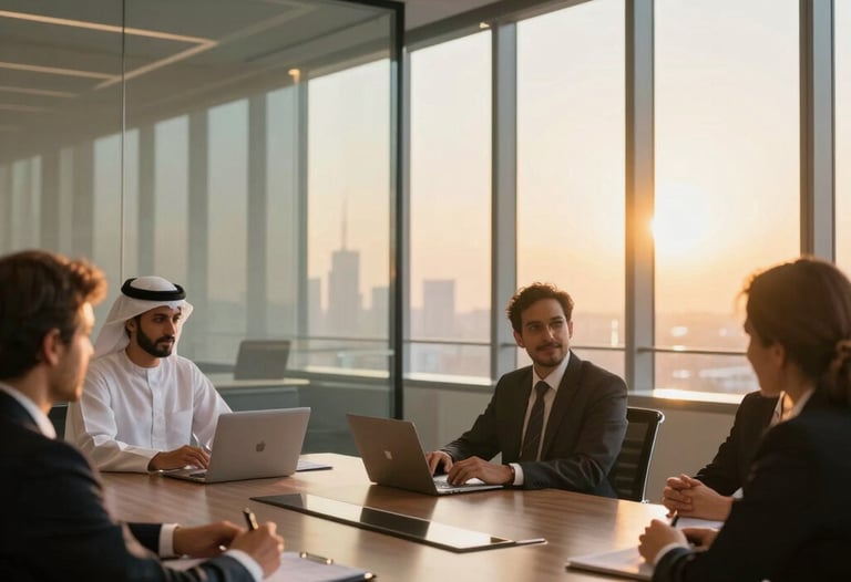 An artistic shot of a corporate boardroom in Dubai with glass walls and golden afternoon sunlight, emphasizing a professional and innovative spirit.