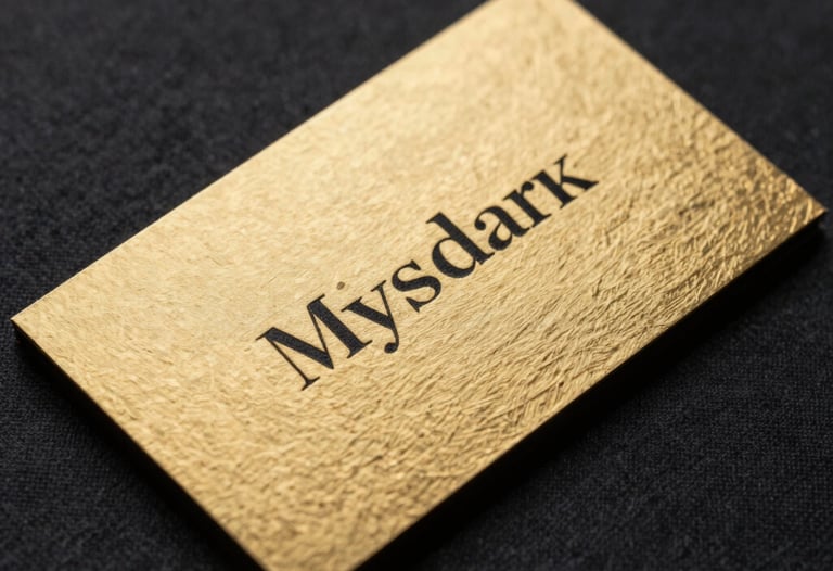 Macro photography of a gold and black business card with elegant serif typography, resting on a textured dark fabric, luxurious and corporate feel.