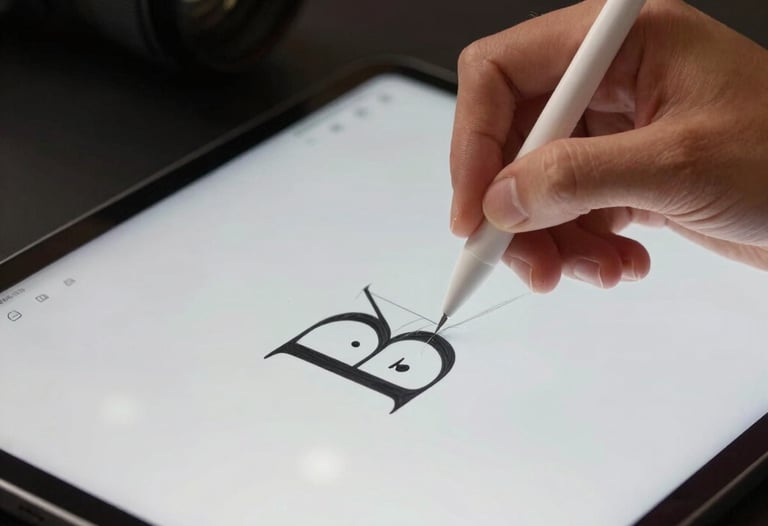 Close-up of a designer's hand using a stylus on a high-tech tablet, sketching a logo for a luxury brand, soft overhead lighting, professional setup.