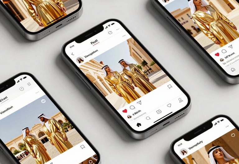 A collection of luxury social media posts displayed on mobile device mockups, featuring gold-toned fashion and architecture imagery, Middle Eastern / Gulf market focus.