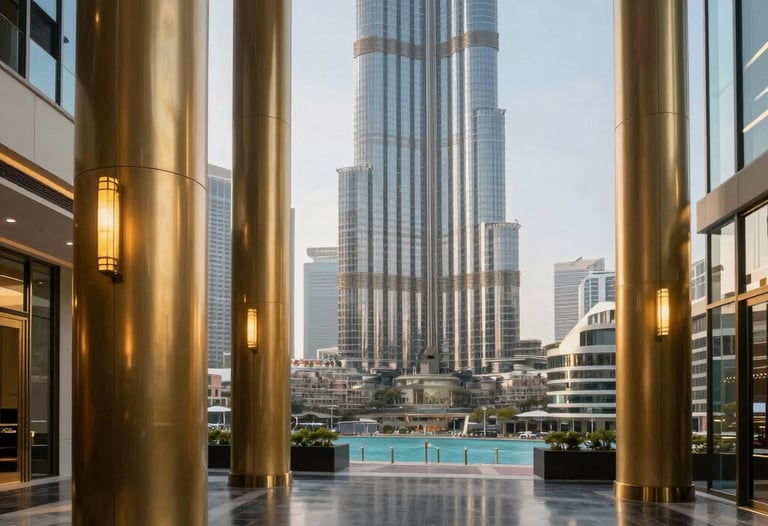 Elegant photography of a modern Dubai high-rise lobby with gold pillars and dark marble floors, symbolizing corporate excellence.