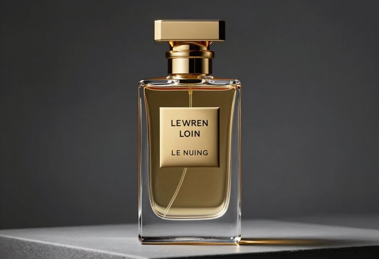 A high-fashion branding shot featuring a luxury perfume bottle on a pedestal, shot in dramatic cinematic lighting with dark gray and gold colors.