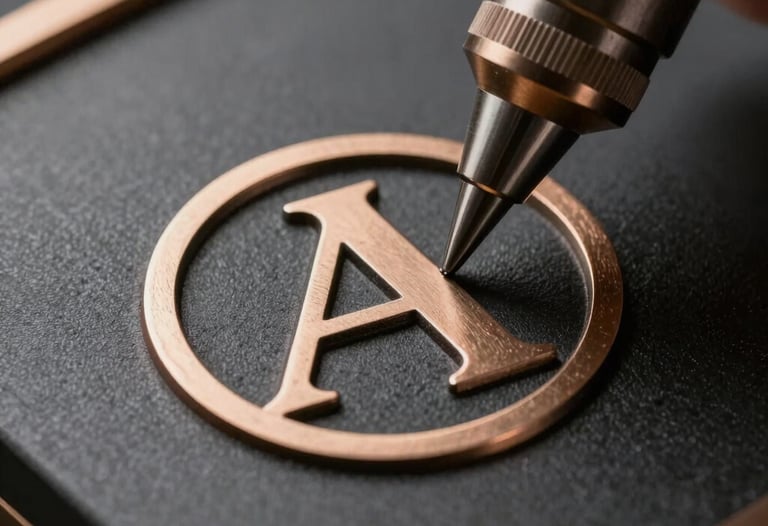 A macro shot of a metallic logo being engraved onto a premium surface, bronze and black palette, sharp focus, luxury industrial feel.