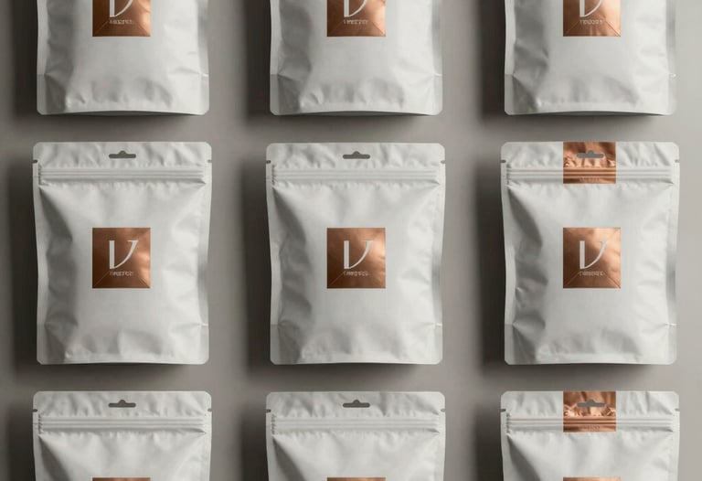 Clean photography of multiple premium product packages with bronze logo accents, arranged in a grid, neutral background, sophisticated lighting.