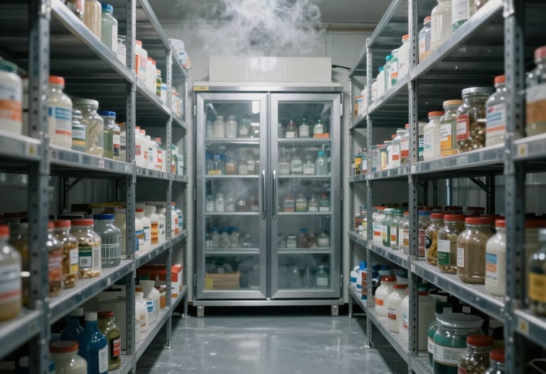 Inside view of a large commercial walk-in cold room storage facility with organized stainless steel shelving and cold vapor effect.