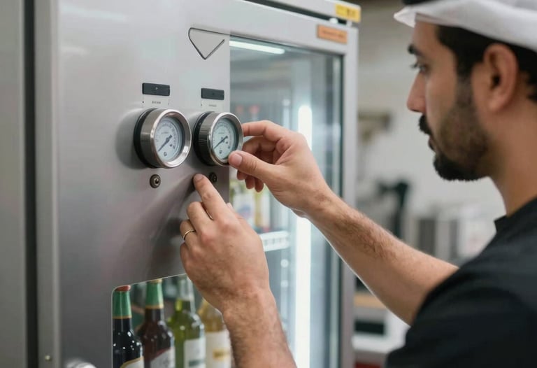 A technician adjusting temperature controls on a commercial beverage cooler in a restaurant kitchen in Riyadh, detailed professional service shot.
