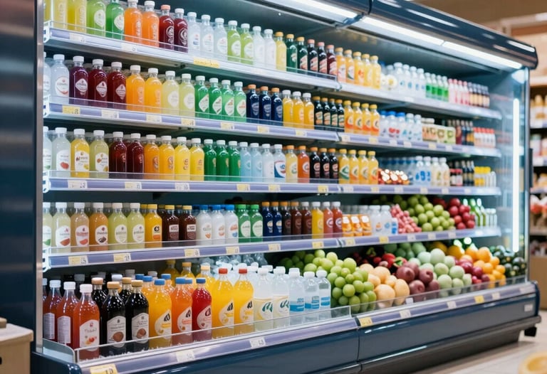 A bright commercial display refrigerator stocked with colorful beverages and fresh produce in a supermarket in Riyadh, cool ice blue interior lighting, clean high-end photography.