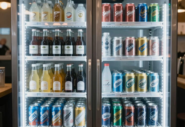A glass door drink display fridge inside a modern coffee shop in Riyadh, neatly organized cold bottles and cans, crisp white and ice blue lighting.
