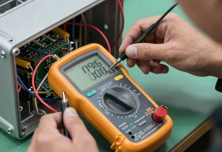 Precision multimeter tools testing electronic wiring inside a cooling compressor panel, professional technicians hand.