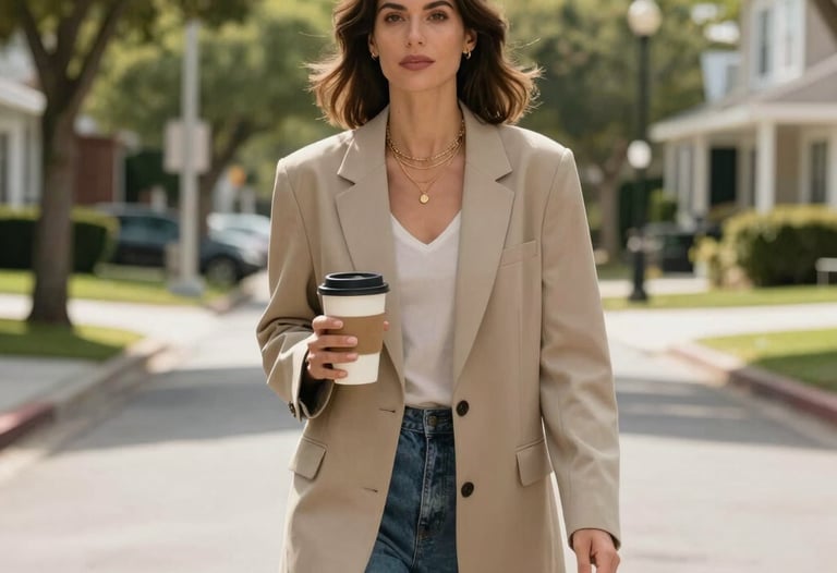 A stylish, candid shot of a chic mom holding a travel coffee cup, wearing an oversized beige blazer, gold layered necklaces, and denim, walking through a beautiful, bright tree-lined street in a modern North American / US suburban neighborhood.