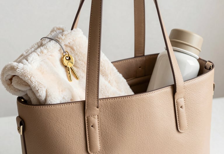 A crisp studio photograph of a premium, minimalist vegan leather tote bag in warm sand beige. The bag is packed with a stylish baby blanket, gold baby keys, and a reusable water bottle, showing its high capacity. Bright, natural lighting.