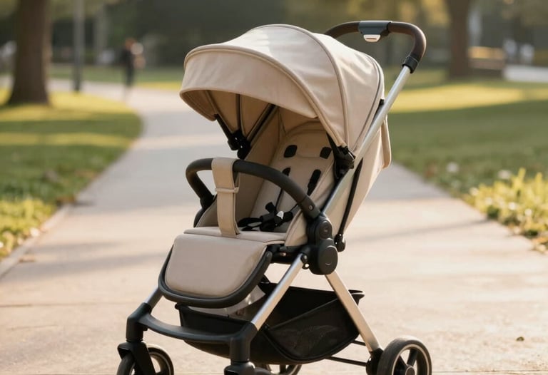 A candid outdoor photo of an ultra-modern, stylish beige stroller on a paved pathway in a sunny North American / US park. The afternoon light is warm and golden, casting beautiful soft shadows.