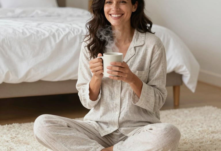 A cheerful, natural candid photo of a stylish mom smiling while wearing cute linen pajamas, sitting cross-legged on a bright, plush cream carpet, holding a steaming mug in her North American / US bedroom.