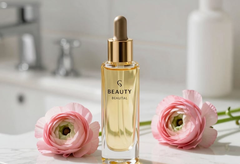 A close-up photograph of a luxury gold-capped beauty oil bottle sitting on a bright white marble countertop in a sunlit bathroom. Next to it, a small bouquet of fresh pink ranunculus flowers. North American / US aesthetic, natural lighting, clean and beautiful.