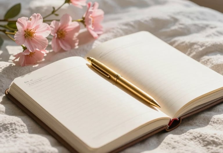A close-up aesthetic shot of a modern planner, a sleek gold pen, and delicate pink flowers sitting on a soft linen bedsheet, captured in warm morning light, North American / US home style.