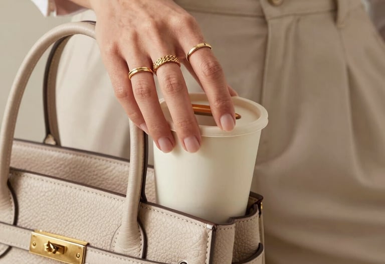 A close-up shot of a chic mom's hand wearing elegant gold rings, lifting a cute neutral-colored toddler snack cup from a premium leather bag. Bright, natural, high-fashion mom style in North American / US.