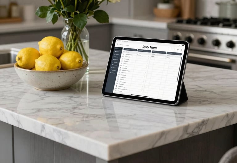 A bright photograph of a modern kitchen island in a North American / US home. On the marble counter, a digital tablet displays a stylish daily mom planner guide next to a ceramic bowl filled with fresh lemons and a vase of white roses.