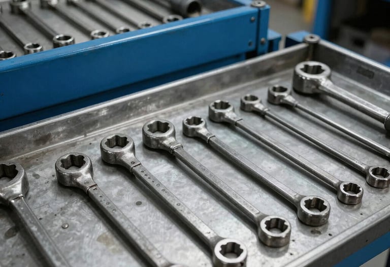 Clean, organized mechanic workshop with heavy-duty tools neatly arranged, professional Argentine transportation company setting, steel blue and gray color palette.
