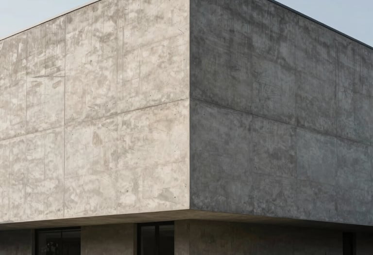 Exterior shot of a minimalist concrete building with sharp shadows. Architectural abstract photography style.