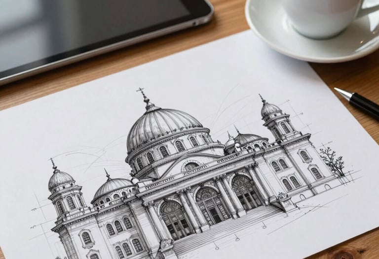 Detailed architectural drawing on a wooden desk next to a digital tablet and a cup of Turkish coffee. Professional and focused atmosphere.