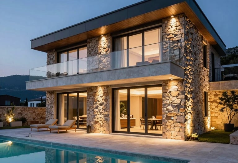 The exterior of a modern luxury villa in Bodrum at dusk. Strategic outdoor lighting highlights the stone walls and sleek pool deck.
