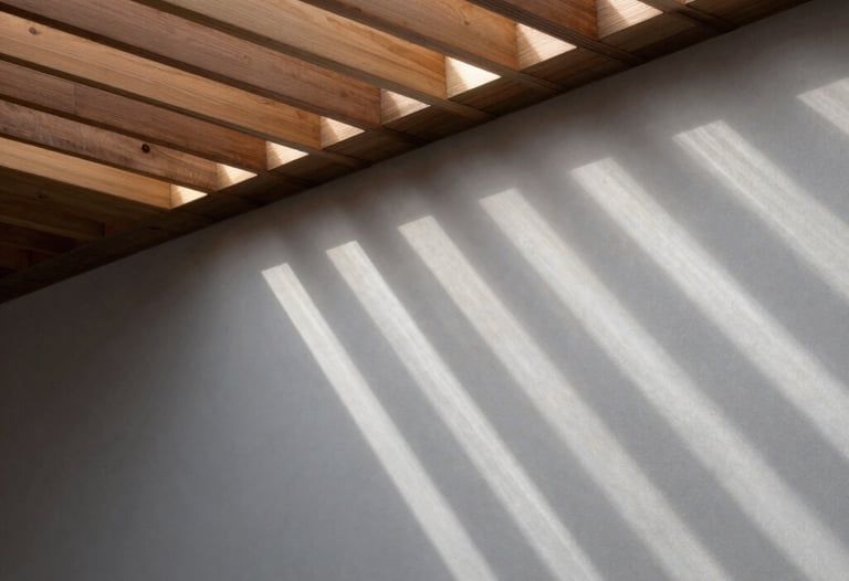 Sunlight streaming through slats in a wooden ceiling, creating a pattern on a light gray wall. High-contrast architectural detail.