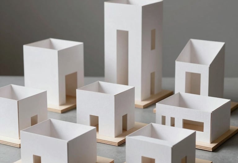 A collection of architectural scale models made of white cardboard and light wood on a gray studio table. Soft studio lighting.