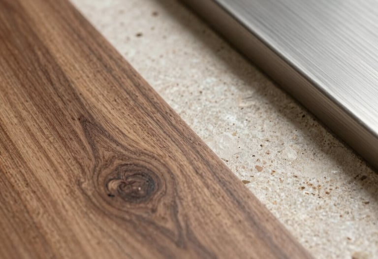 Extreme close-up of premium building materials: natural walnut wood grain, textured stone, and brushed metal. Bright, natural daylight, soft shadows, clean aesthetic.