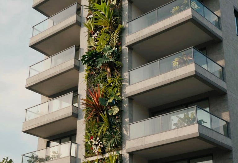 Exterior facade of a modern apartment building with vertical garden elements and large balconies. Soft daylight.